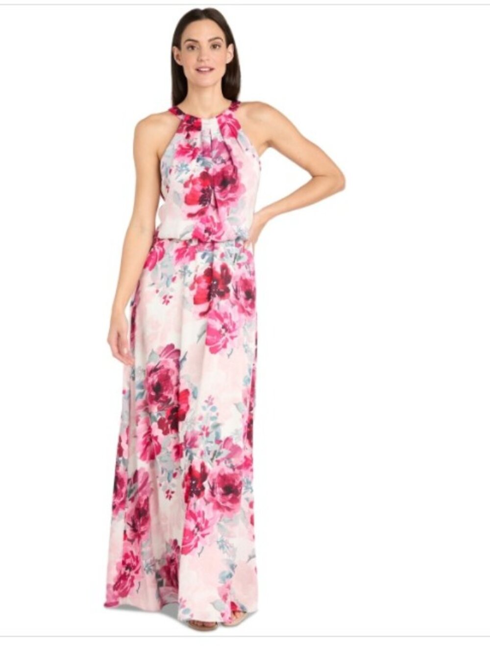 R & M Richards Petite Floral-Print High-Neck Blouson Dress - Cream/Rose